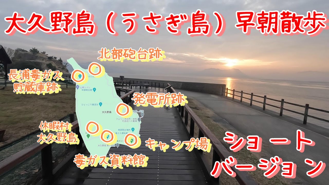 【休暇村大久野島】【うさぎ島】第364話のショートバージョン　早朝、外周路を散策しました。昼間と違って静かなうさぎ島です。一周するのに約45分かかりました。