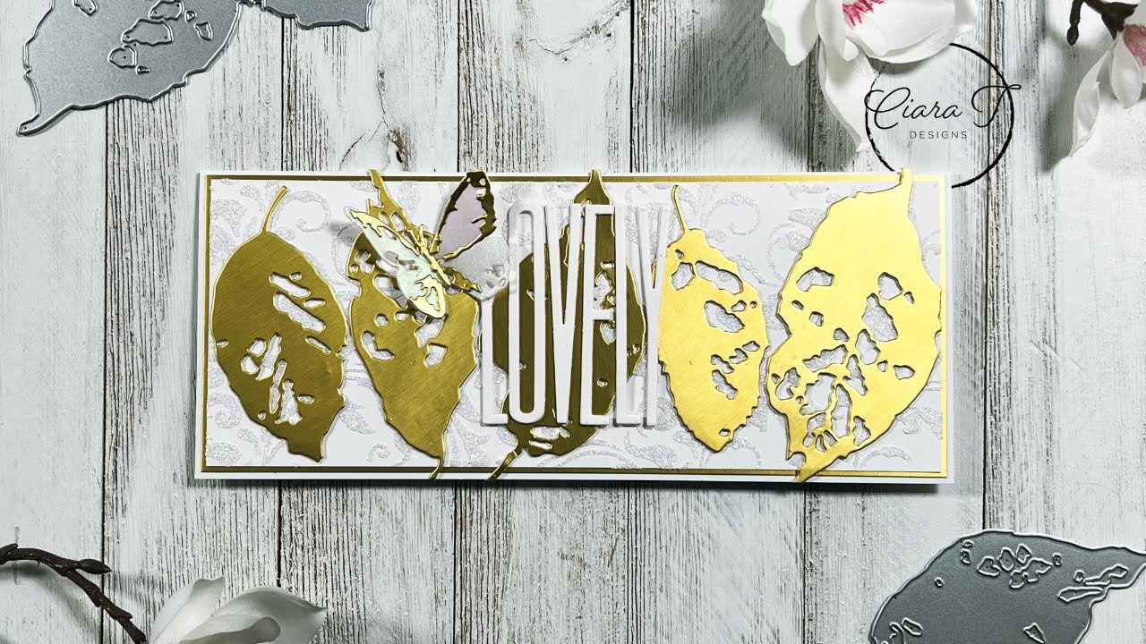Elegant White and Gold Leaf Fragments Slimline Card