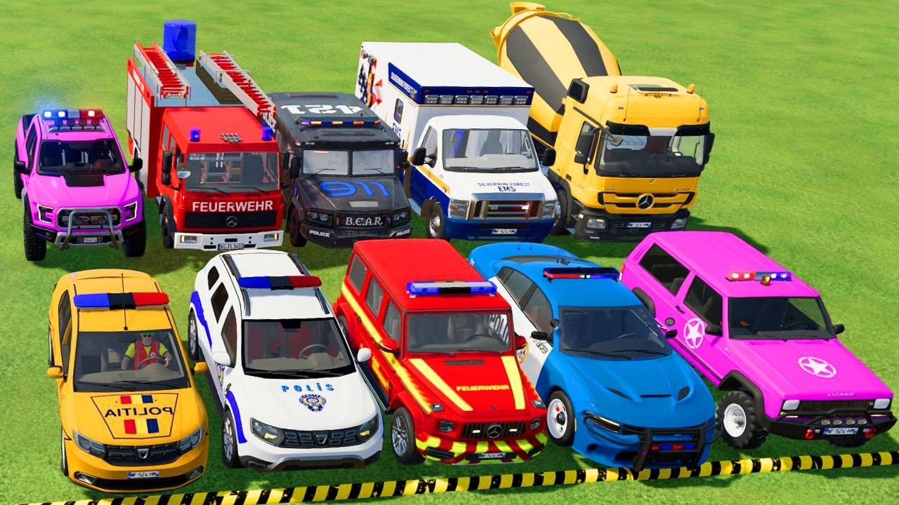 TRANSPORTING POLICE CARS, AMBULANCE, FIRE TRUCK, COLORFUL CARS WITH TRAIN -FARMING SIMULATOR 22!