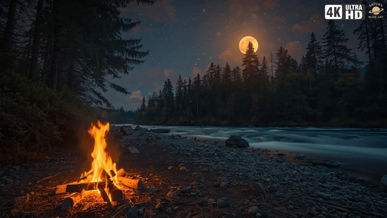 Cozy Campfire & Soft Piano by Mountain River 4K ⛺