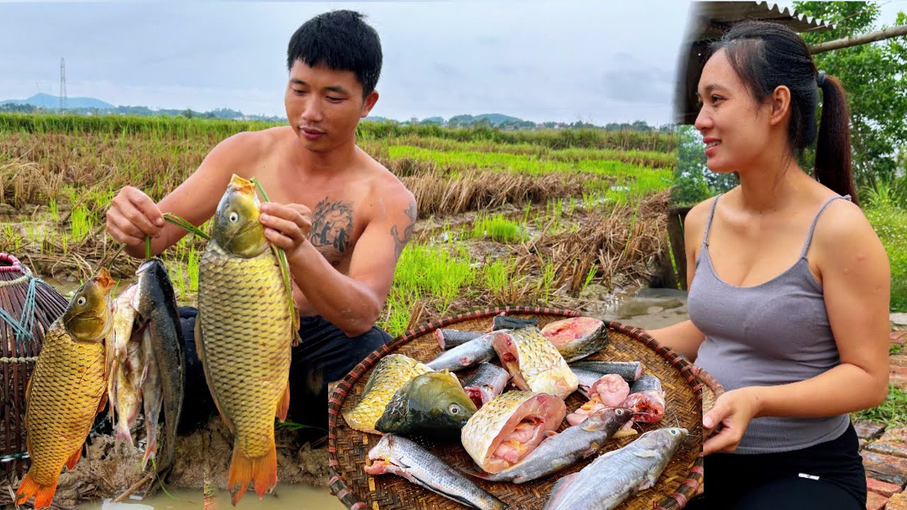 Ngan's happy rural life. Fishing in the lotus pond, cooking delicious carp porridge.