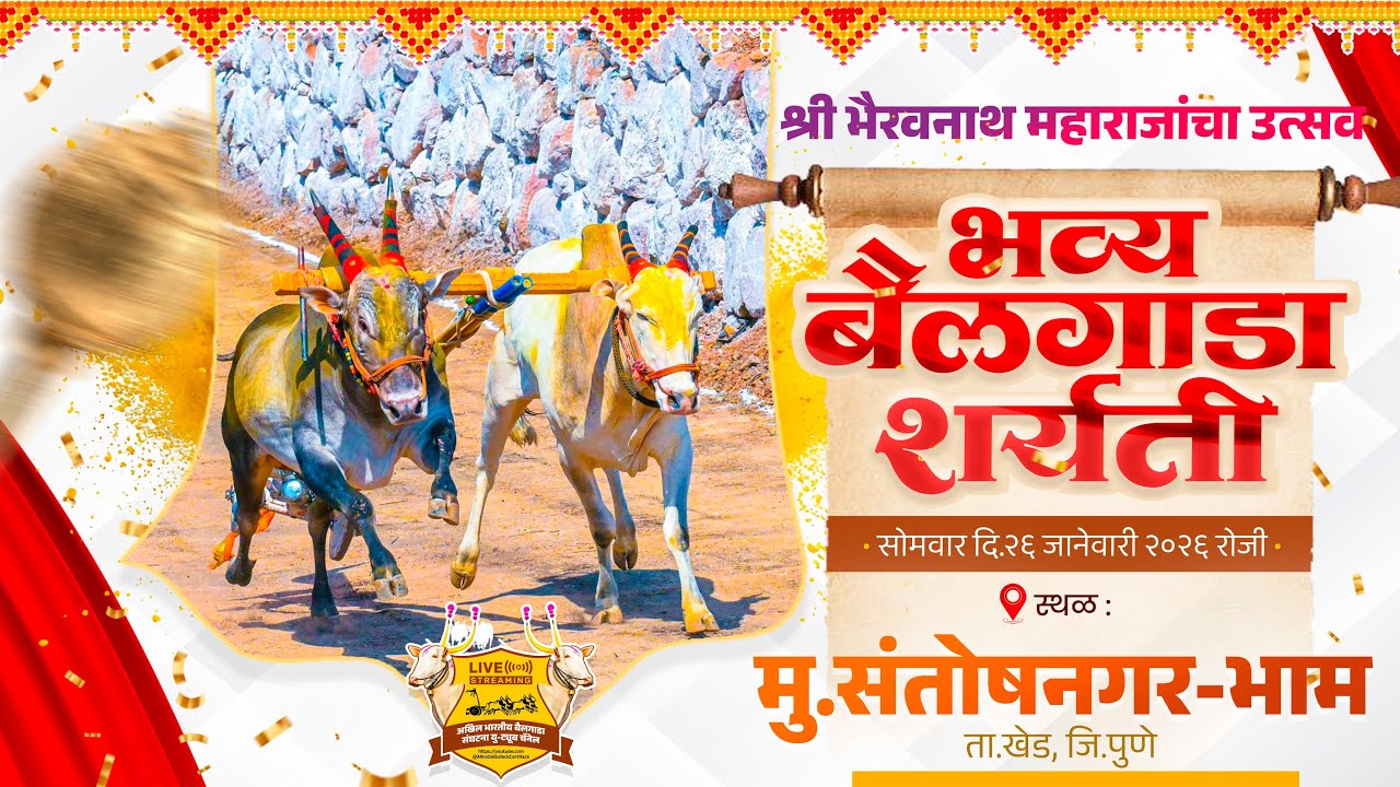 🔴Live:श्री भैरवनाथ महाराज यात्रा उत्सव २०२६ | भव्य बैलगाडा शर्यत | दुसरा दिवस | संतोषनगर(भाम) ता.खेड