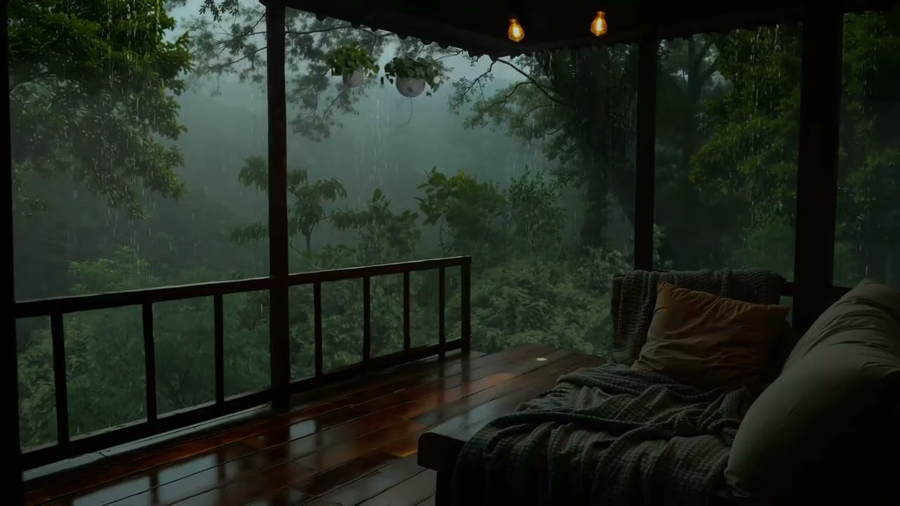 Balcony Rain in Forest Mist with Calming Rain Falls Ambience for Restful Sleep