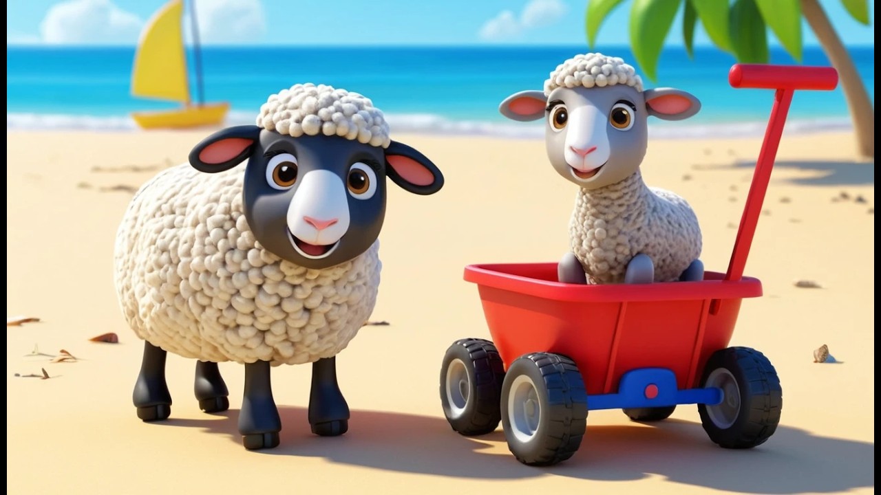 Маленькая овечка катается на багги по пляж