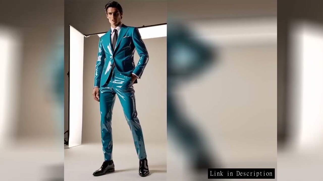 Blue PU Leather Men Suits Set 2 Piece Blazer+Pants Trousers Wedding Tuxedo Formal Office Groom Prom