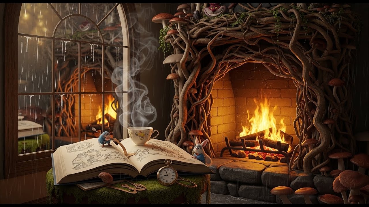 [Nightfall Chroniles] Cozy Fireplace, Rain and Storytelling | Alice in Wonderland| Bedtime Story