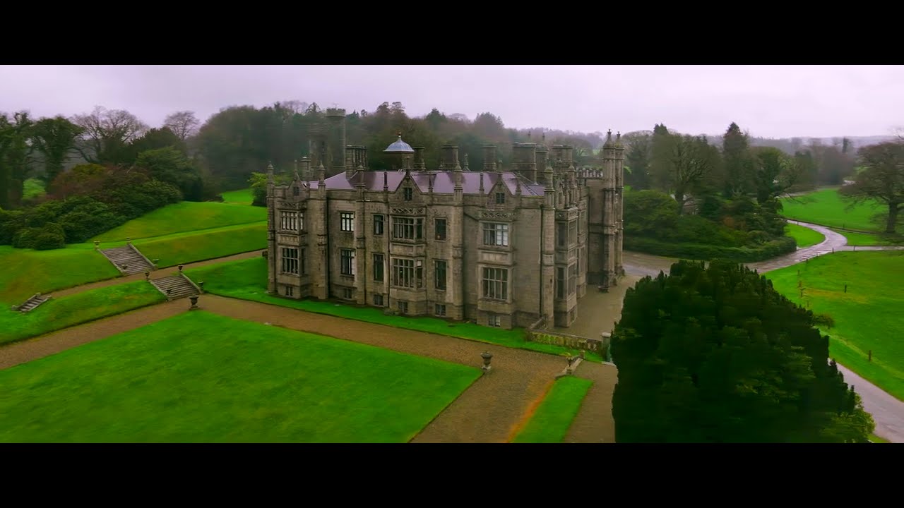 Narrow Water Castle Rainy Drone Flyover