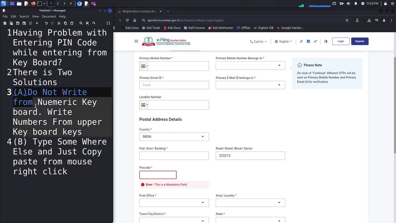 Income Tax Portal New Registration PIN Code error #pincode #incometaxreturn