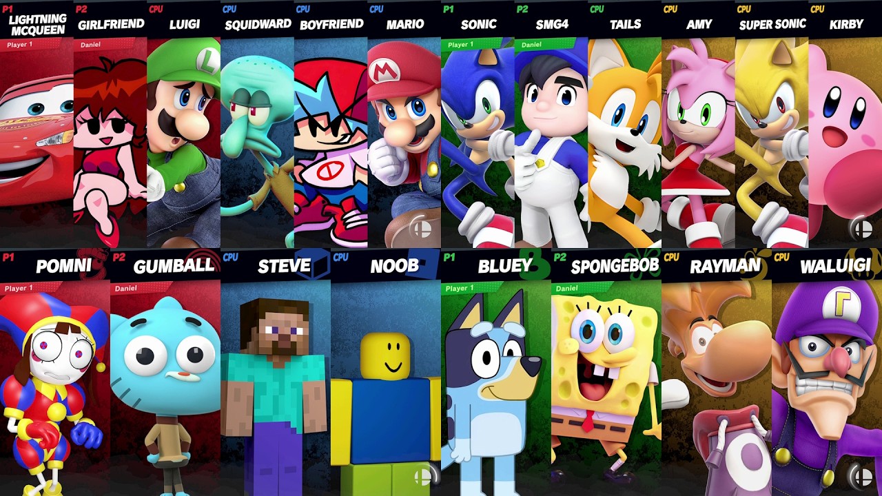 Sonic vs Mario vs Roblox vs Minecraft vs Car vs Bluey vs SpongeBob vs Steve | Super Smash Bros