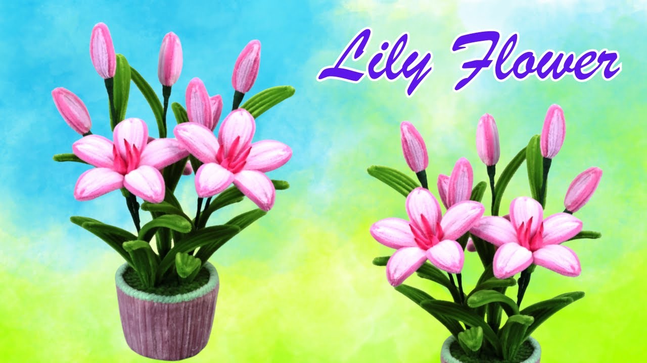 DIY Pink Lily Flower Pot with Edged Petals 🌸🧵 | Step-by-Step Chenille Stem Tutorial