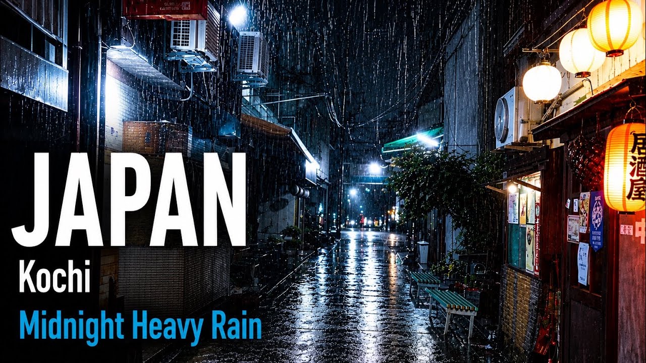 Midnight Heavy Rain in Japan &mdash; Kochi at 10:50 PM [4K Binaural]