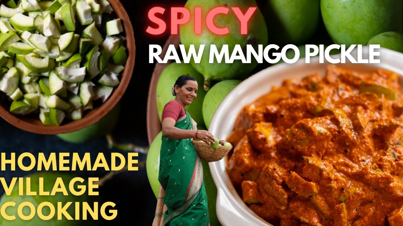 Grandma Making Spicy Raw Tender Mango Pickle with Homemade Pickle Masala - Village Style
