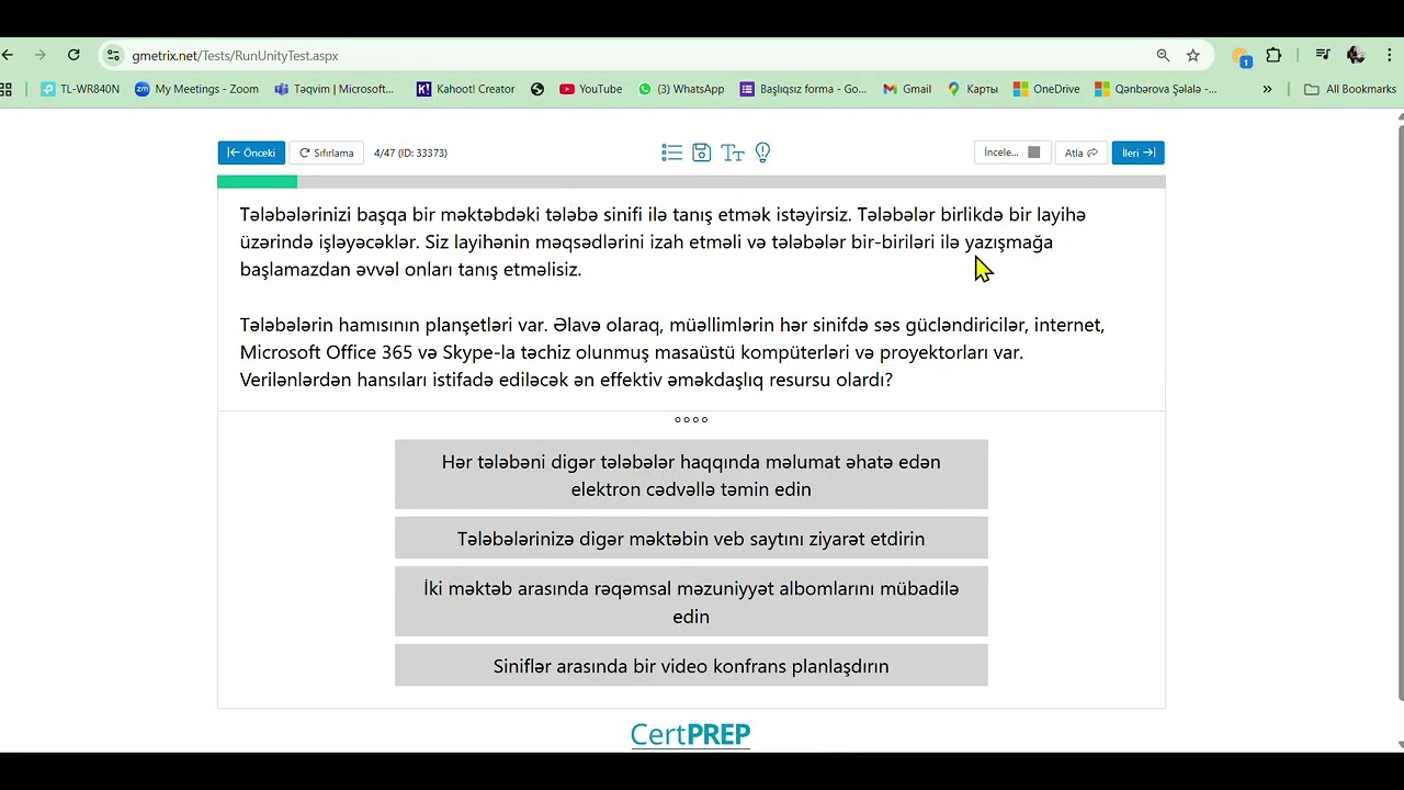 Gmetrix test 1-9 sual Microsoft Sertifikatlı Tərbiyəçi (MCE) imtahanına hazırlıq