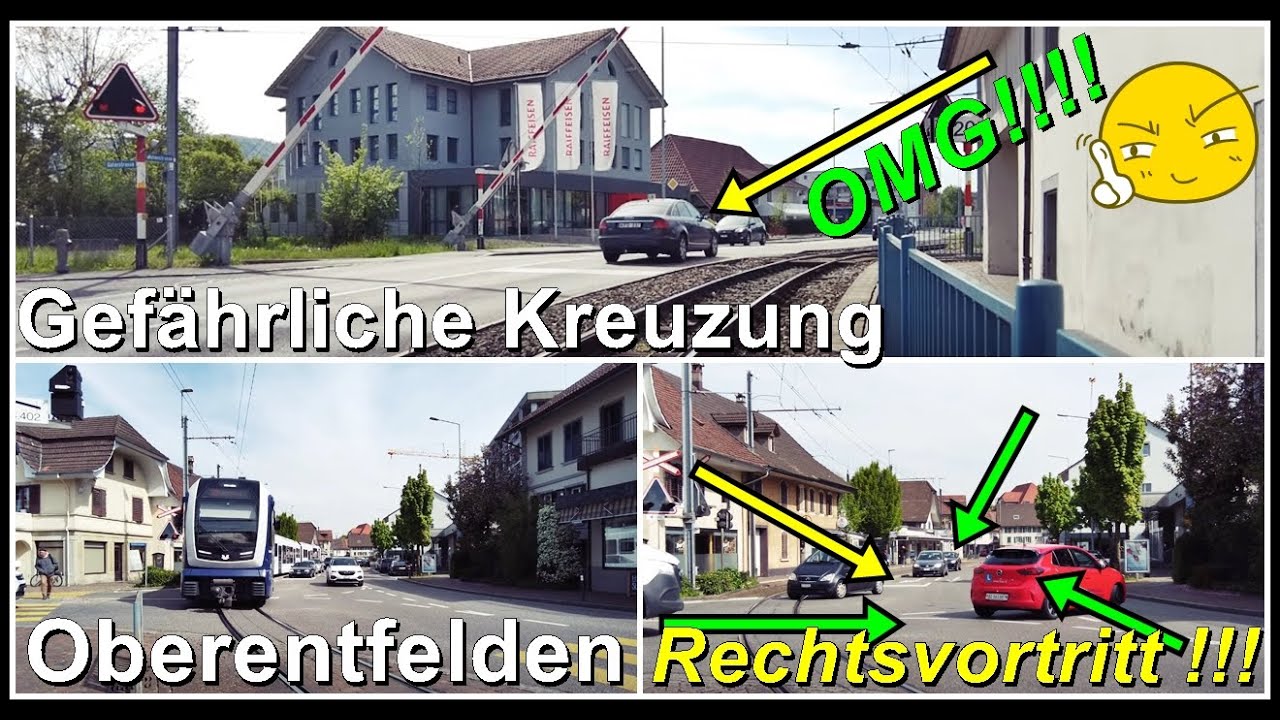 RECHTSVORTRITT! Gefährliche Kreuzung und Bahnübergang bei Oberentfelden, Kanton Aargau, Schweiz 2022