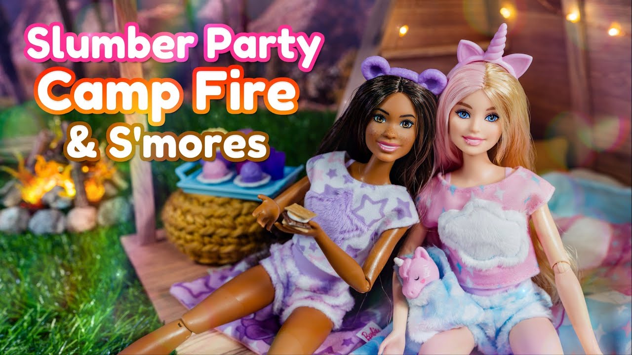 Barbie Cutie Reveal Slumber Party? Plus DIY Campfire with Hot Glue Rocks and paper S’mores