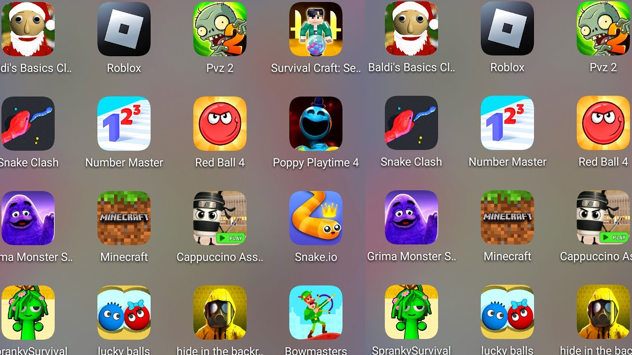 Roblox,Sprunki survival,Poppy Playtime 4,Minecraft,Grimace Monster,Lucky Balls,Red Ball 4,SnakeClash