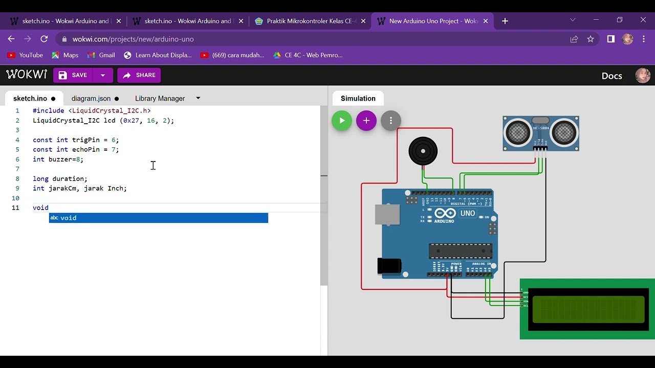 Rangkaian sensor ultrasonik dan buzzer dan LCDI2C dengan menggunakan WOKWI