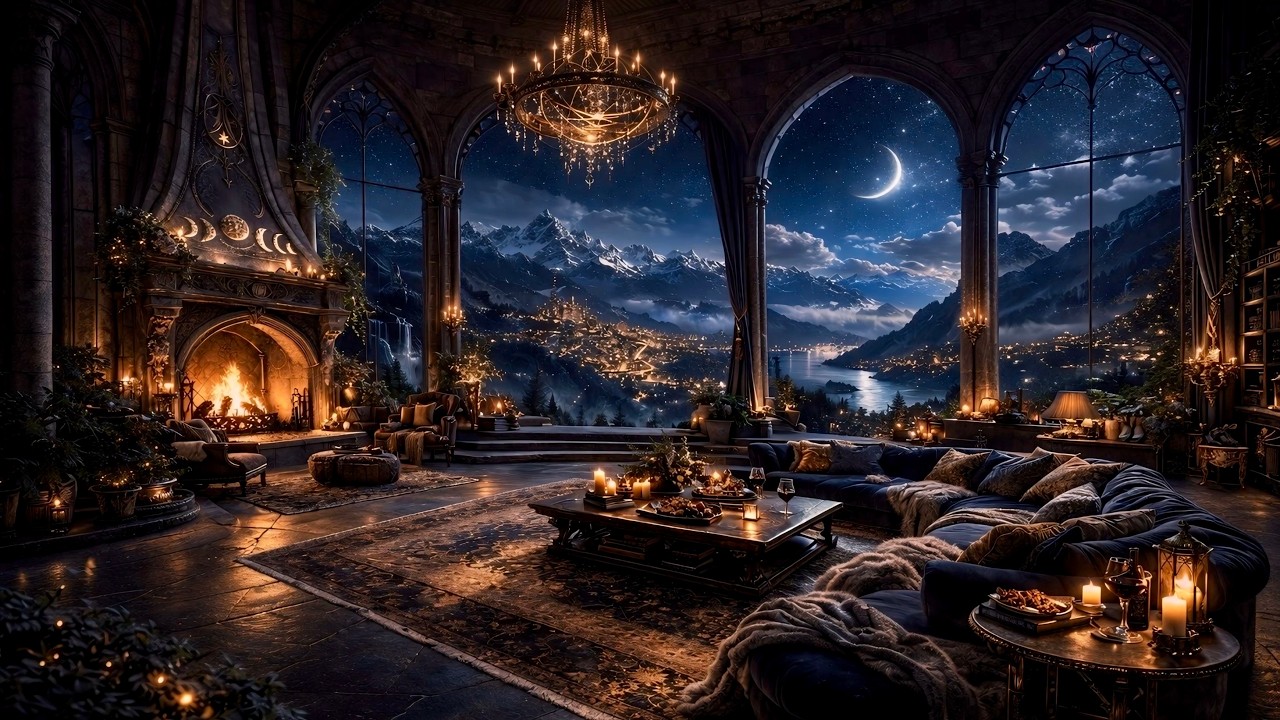 Moonlit Castle Fireplace | Relaxing Piano & Cozy Fire Sounds (2 Hours)