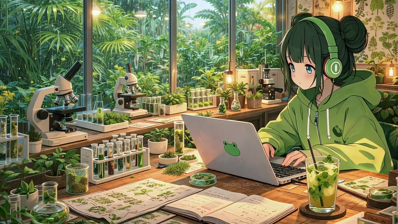 rainy botanic lab study room lofi 🌿🔬 ~ for study, focus & relax🎧✨| mossy lofi radio 🐸