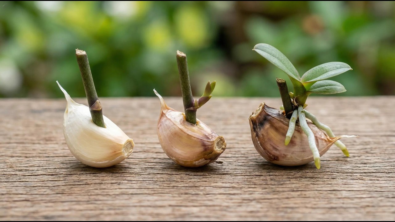 Just one clove of garlic! A baby orchid suddenly sprouted on the branch overnight.
