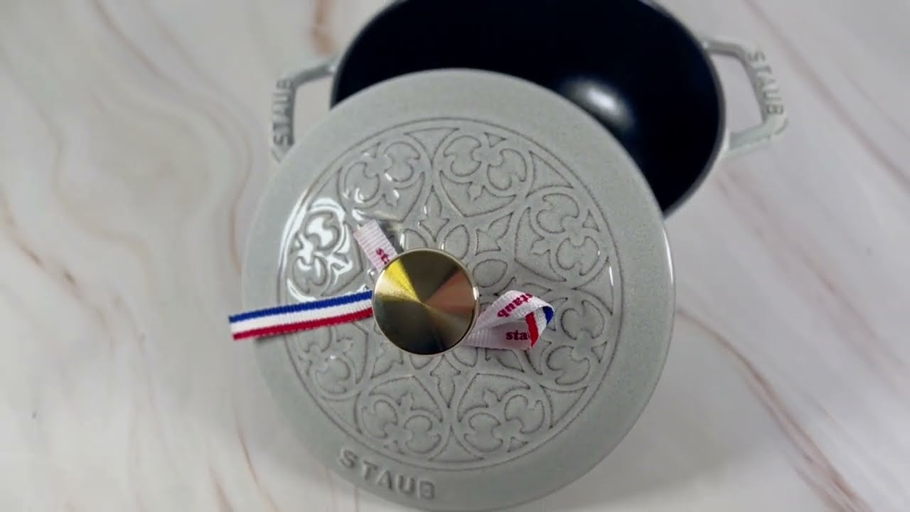 STAUB 16CM ROUND CAST IRON FRENCH OVEN/LA MARMITE, LILY DRAWING, WHITE TRUFFLE, BRASS KNOB