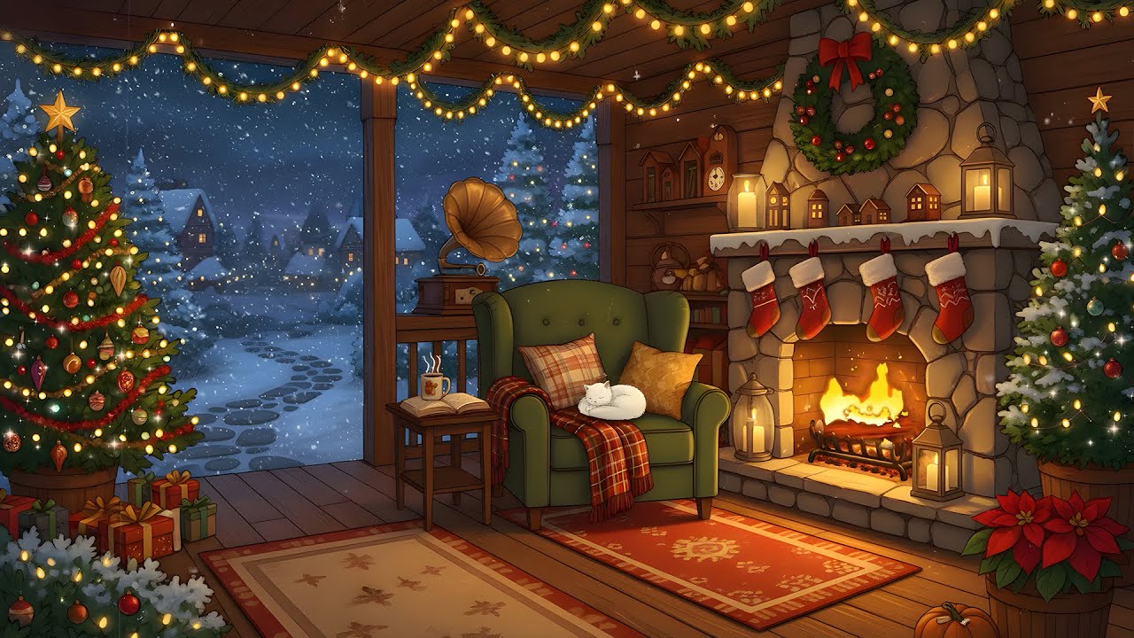 a cozy christmas on porch with fireplace | oldies vintage 1935s playing in another room 🎄