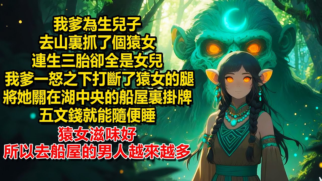 我爹為生兒子，去山裏抓了個猿女，連生三胎卻全是女兒。 我爹一怒之下打斷了猿女的腿，將她關在湖中央的船屋裏掛牌，五文錢就能隨便睡。猿女滋味好，所以去船屋的男人越來越多。