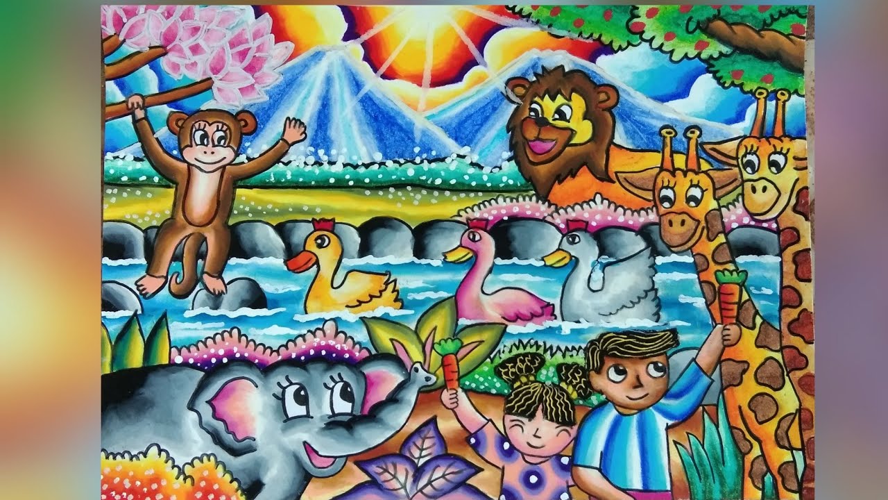 Menggambar dan Mewarnai tema kebun binatang ( How to Draw and Color zoo )
