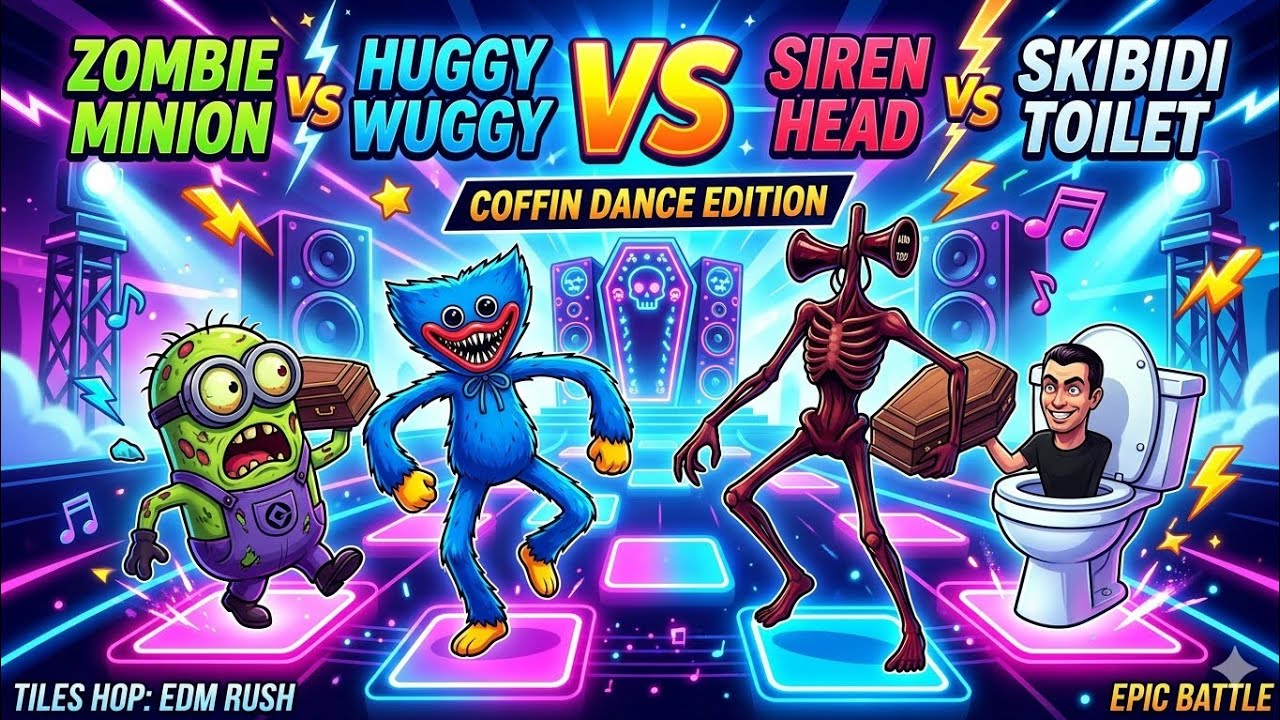  Get ready for a SUPER EPIC Tiles Hop battle: zombie minion🆚wuggy huggy🆚siren head🆚skibidi toilet
