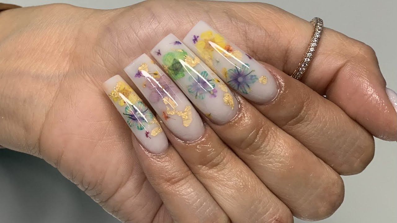 Long Milk Bath Gold Accent Acrylic Nail