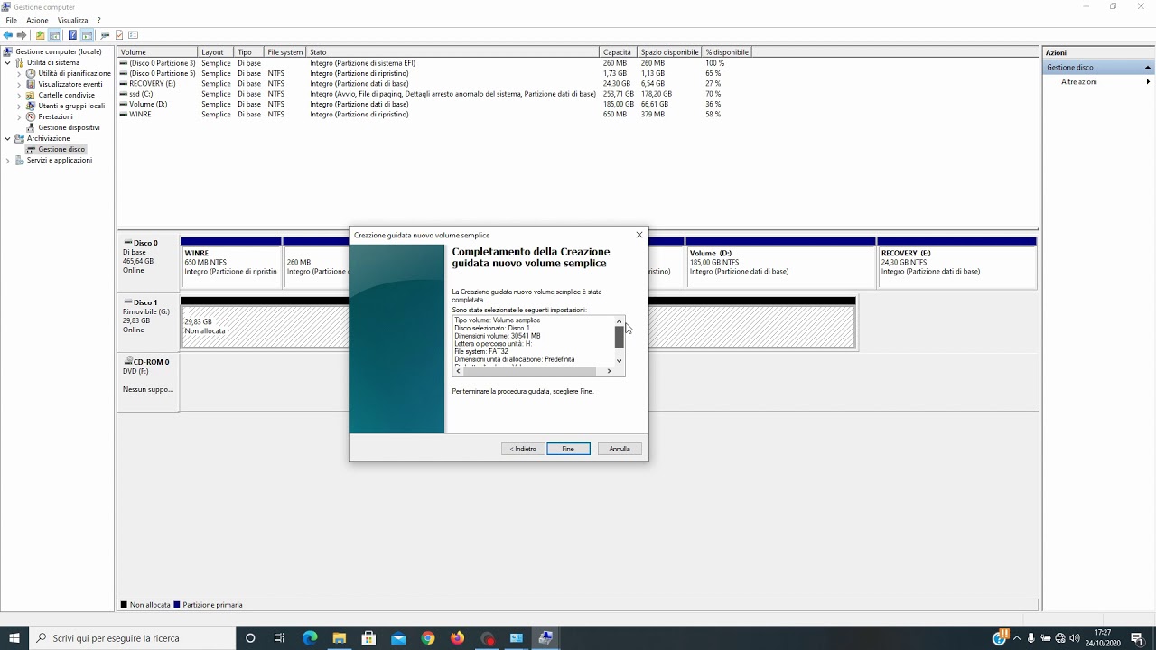 come partizionare la chiavetta usb e creare una sola partizione unendo due partizioni con windows 10