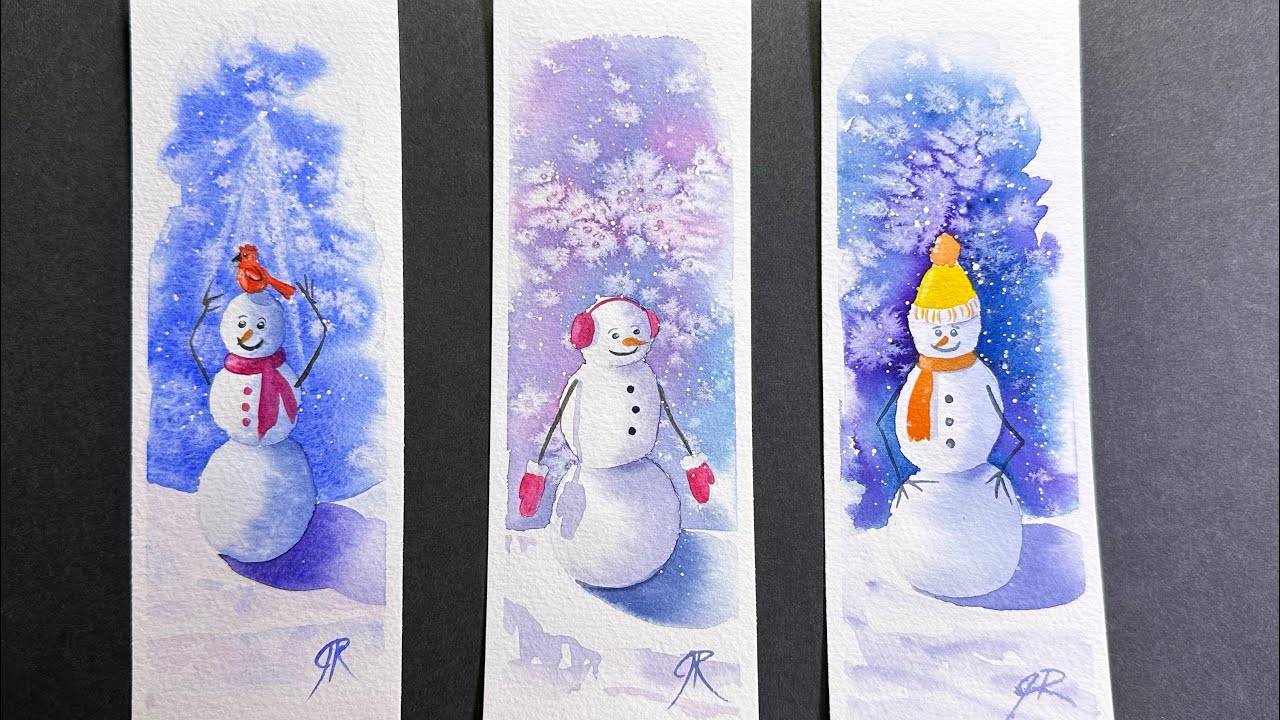 winter snowman watercolor bookmarks