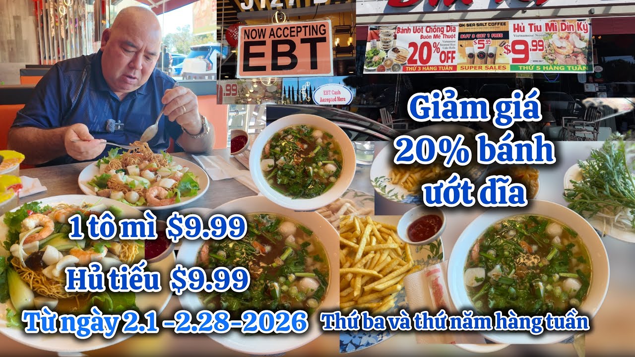 Nhà Hàng Giảm giá 20% bánh ướt dĩa.$9.99 Các loại Mì Và Hu Tiếu.thứ ba và thứ năm hàng tuần.Nhận EBT