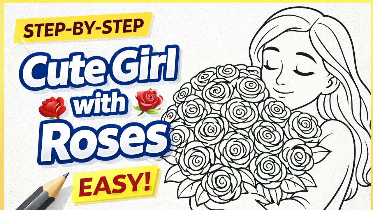Beautiful Girl Holding Rose Bouquet Drawing Step by Step | Easy Pencil Sketch Tutorial | 