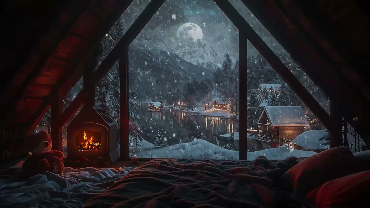 Snowy Cabin Night ASMR: Gentle Winter Wind, Crackling Fire and Cozy Sleep Ambience