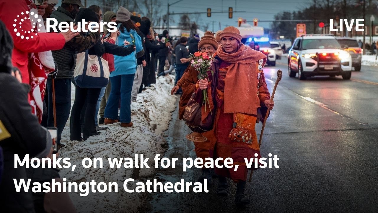 LIVE: Monks, on walk for peace, visit Washington Cathedral
