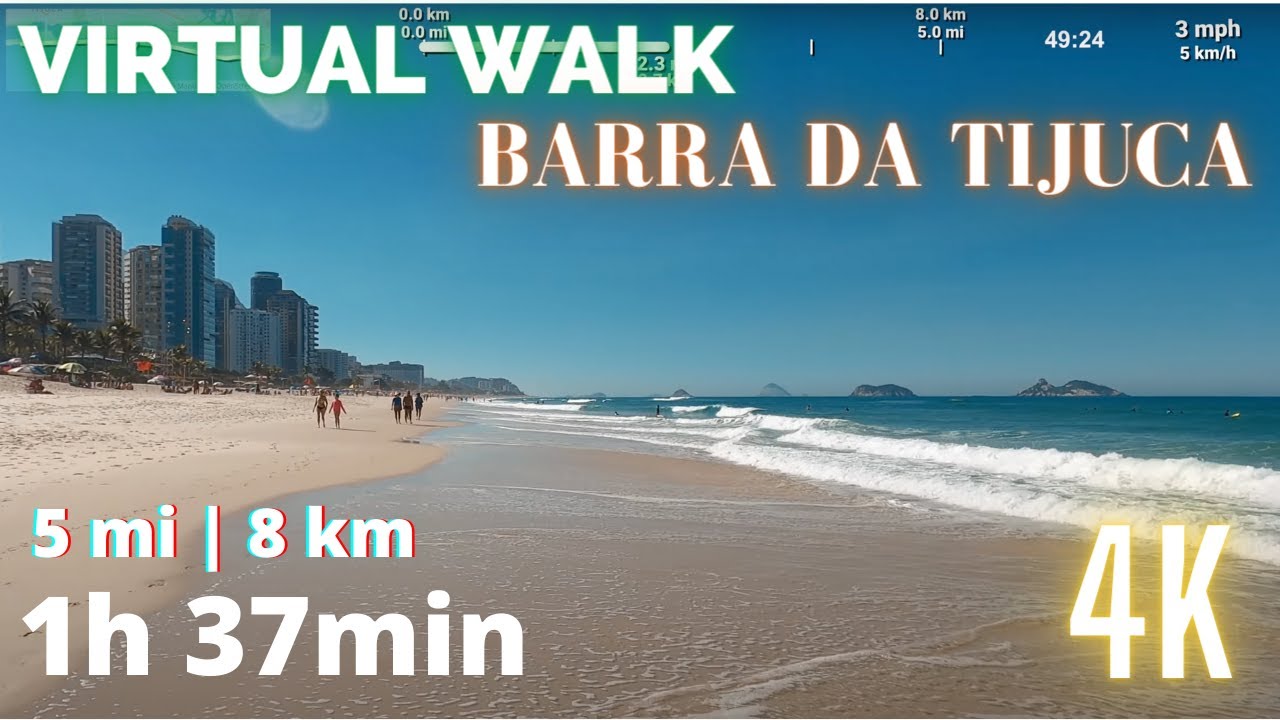 Treadmill Virtual WALK 5mi (8km) 1 hour 37 minutes | Barra da Tijuca Beach WALK | Video in 4K