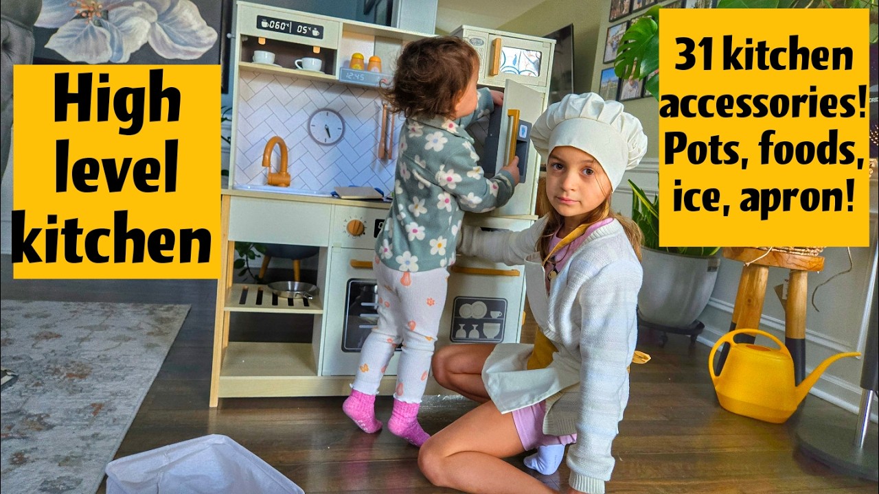 Kids Wooden Play Kitchen with Ice Maker & Accessories | Pretend Play Toy