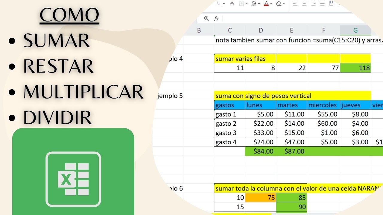 Como sumar, restar, multiplicar y dividir en Excel