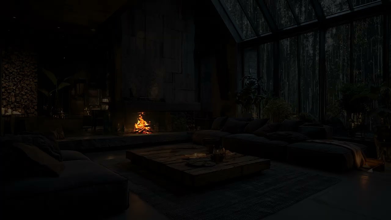 Steady Rain Across the Deep Green Woodland | Cozy Fireplace Cabin Ambience Nature Rain Sounds