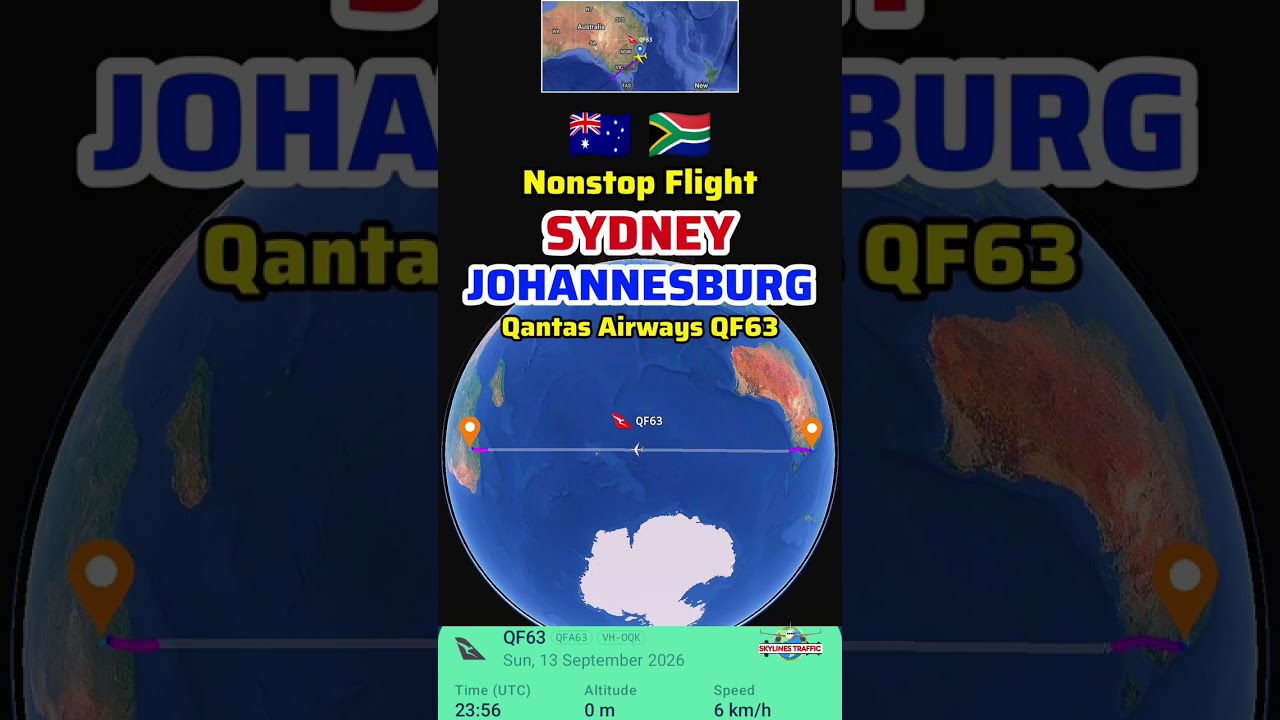 Sydney to Johannesburg Flight Route with Qantas Airways QF63 Airbus A380-842