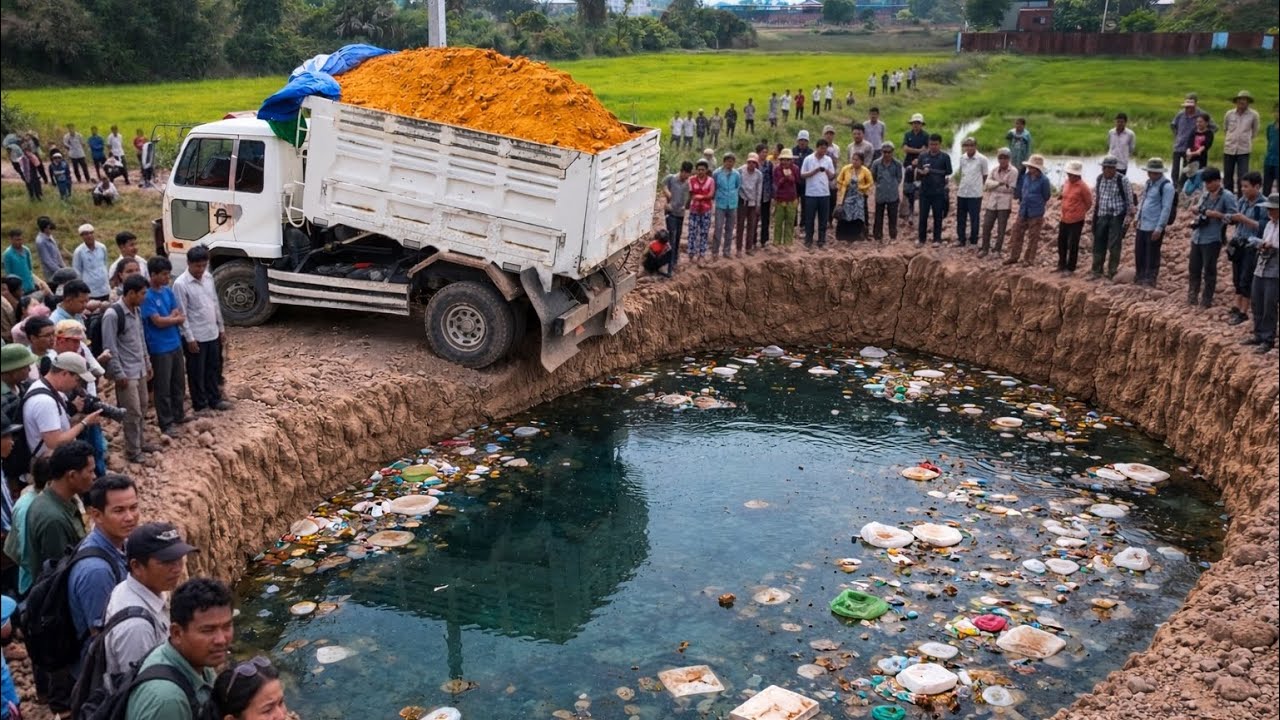 Start Opening a Wonderful Project! Landfill on Flooded Garbage Area Using Skills Dozer with Trucks
