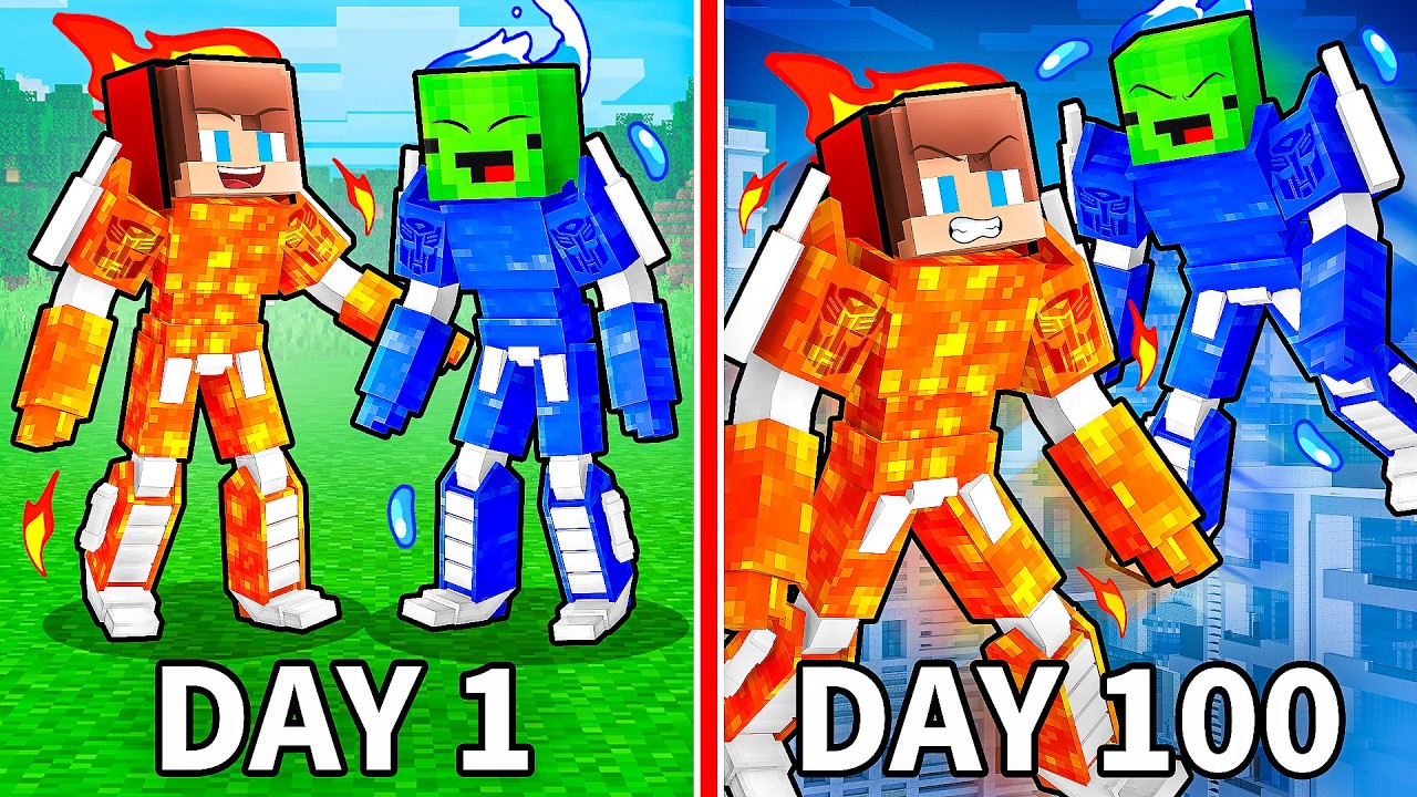 Mikey and JJ: 100 Days ELEMENTAL TRANSFORMERS Life Cycle Evolution In Minecraft (Maizen)