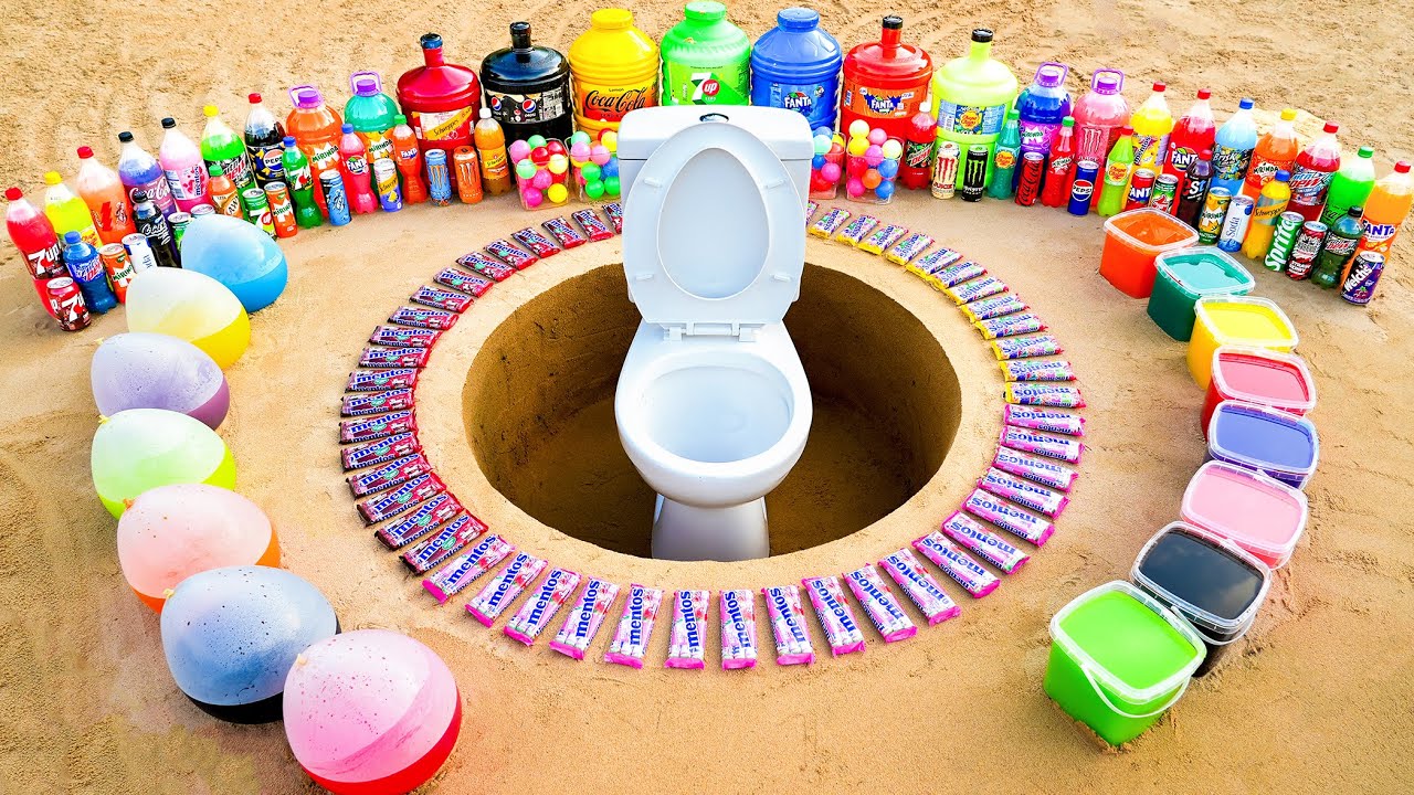Experiment Toilet in Glass Tank vs Balloons of Coca Cola, 7up, Fanta and Mentos Underground