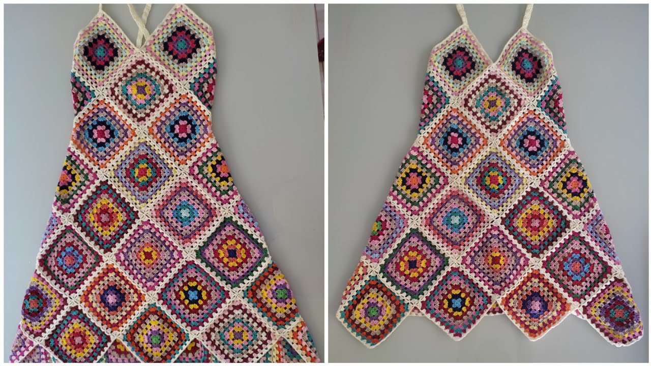 Vestido de crochê com Square aproveitando sobras de linhas (Saída de praia) PARTE 3