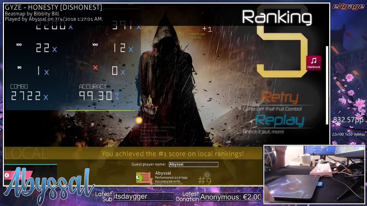 osu! | Abyssal | GYZE - HONESTY [DISHONEST] +HR 99.30% FC #3 | 833pp