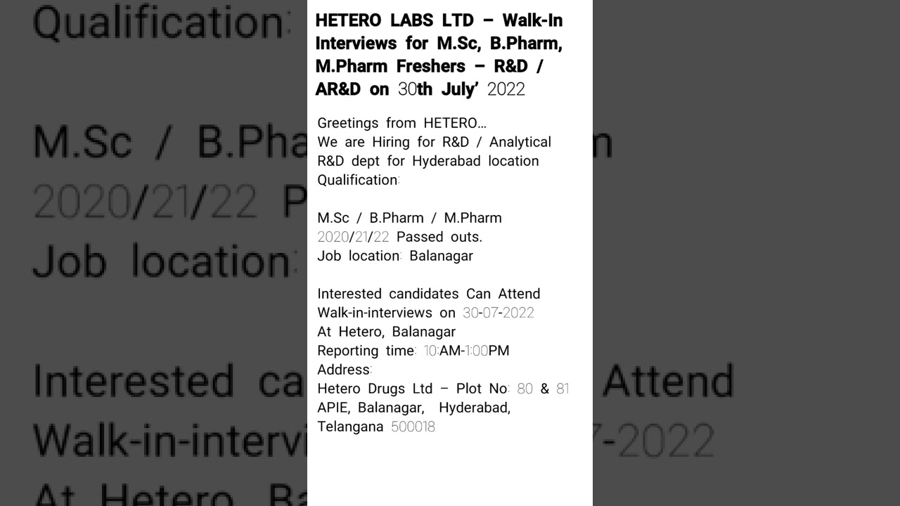 HETERO LABS LTD hiring freshers for R&D and AR&D#pharmajobs #jobsearch #shorts #pharmacy #education