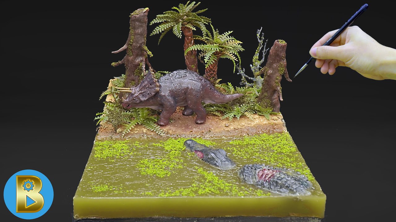 A zombie crocodile preparing to attack a triceratops diorama