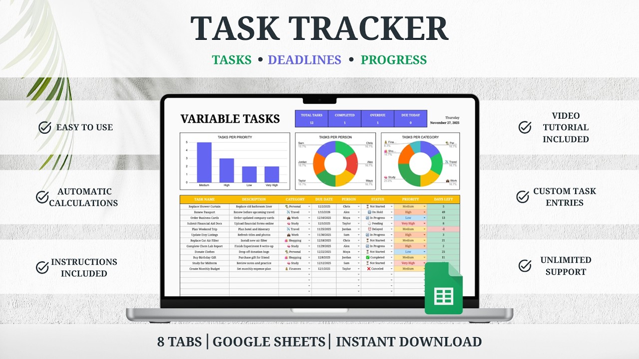 Task Tracker Spreadsheet Tutorial - Tasks - Deadlines - Progress