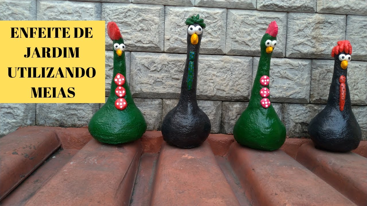 ENFEITE DE JARDIM UTILIZANDO MEIAS/ GALINHA  E FAMÍLIA DE ARGAMASSA